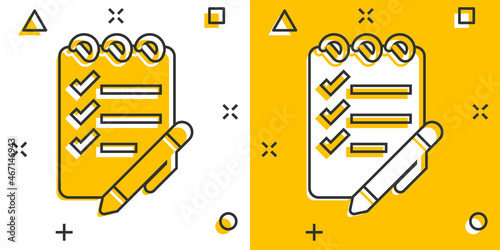 To do list icon in comic style. Document checklist cartoon vector illustration on white isolated background. Notepad check mark splash effect business concept.