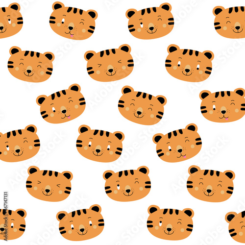 Seamless pattern with cute tiger, muzzles tiger cub with brown stripes, symbol of new 2022 year on white background. Vector illustration for postcard, banner, web, decor, design, arts, calendar.