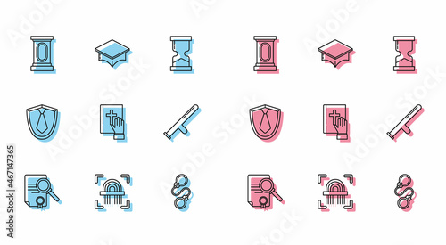 Set line Document with search, Fingerprint, Stage stand or debate podium rostrum, Handcuffs, Oath on the Holy Bible, Police rubber baton, Tie and Graduation cap icon. Vector