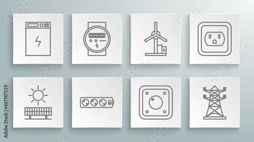 Set line Solar energy panel and sun, Electric meter, extension cord, light switch, High voltage power pole line, Wind turbine, Electrical outlet the USA and Power bank icon. Vector
