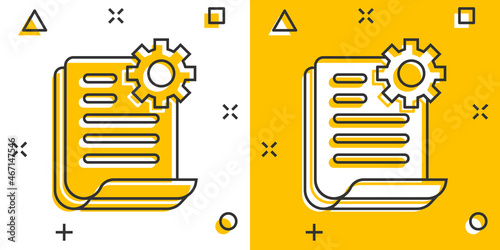 Document with gear icon in comic style. Big data processing cartoon vector illustration on white isolated background. Paper sheet software solution splash effect business concept.