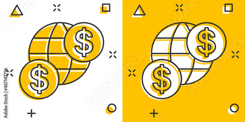 Global business icon in comic style. Money transaction cartoon vector illustration on white isolated background. Banknote bill security  splash effect business concept.