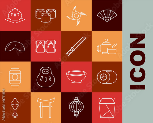 Set line Rstaurant opened take out box filled, Sushi, Japanese tea ceremony, ninja shuriken, Geta traditional shoes, Chinese fortune cookie, Khinkali cutting board and Traditional katana icon. Vector