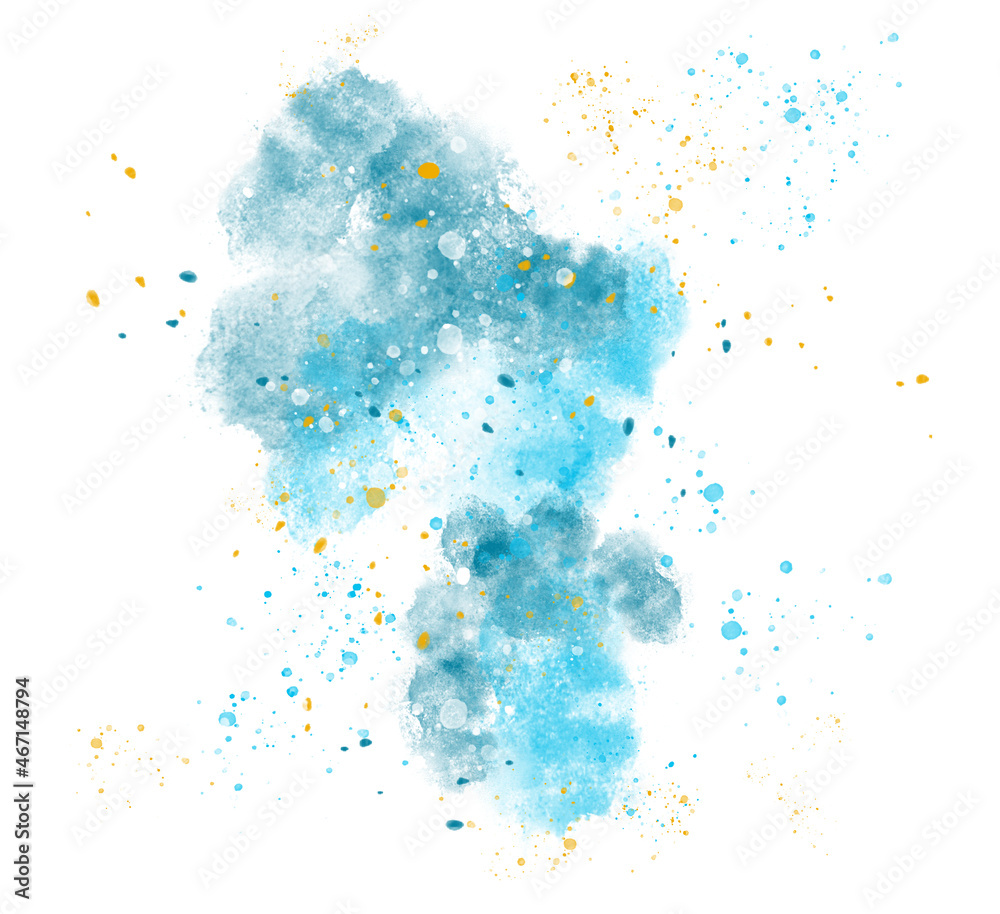 The blue airy watercolor stains are adorned with white and yellow splashes and specks. Imitation of watercolor painting. Illustration. Abstract watercolor background.