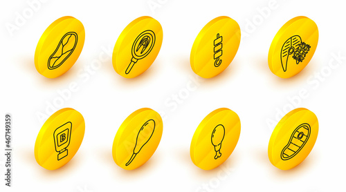 Set line Steak meat, Chicken leg, Sauce bottle, Fresh frozen fish steak, Grilled shish kebab on skewer stick, Fish in frying pan and icon. Vector