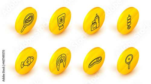 Set line Frying pan, Steak meat, Fish steak, Grilled shish kebab on skewer stick, Sauce bottle, and frying icon. Vector