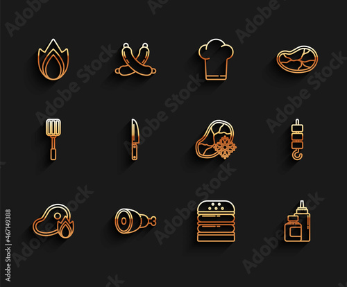 Set line Grilled steak meat and fire flame, Chicken leg, Fire, Burger, Sauce bottle, Knife, shish kebab on skewer stick and Fresh frozen icon. Vector