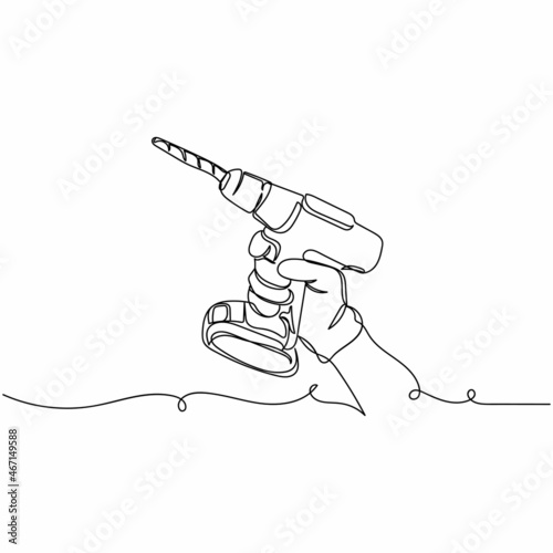 Vector continuous one single line drawing icon of rechargeable and cordless drill in silhouette on a white background. Linear stylized.