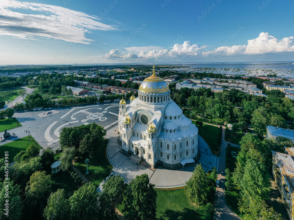 Panoramic top view of the Naval Cathedral of St. Nicholas the Wonderworker in Kronstadt. Anchor area. Kotlin Island.
