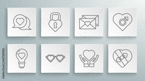 Set line Heart shape in a light bulb, Castle the of heart, shaped love glasses, on hand, Candy box, Envelope with Valentine, male gender and speech bubble icon. Vector