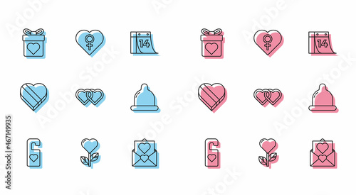 Set line Please do not disturb with heart, Heart shape in flower, Gift box, Envelope Valentine, Two Linked Hearts, Condom, Candy shaped and female gender icon. Vector