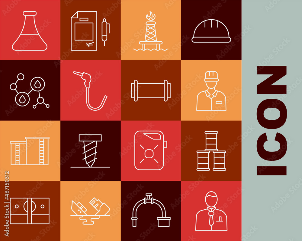 Set line Businessman or stock market trader, Barrel oil, Oilman, rig with fire, Gasoline pump nozzle, Molecule, petrol test tube and Industry pipe icon. Vector Set line Businessman or stock market trader, Barrel oil, Oilman, rig with fire, Gasoline pump nozzle, Molecule, petrol test tube and Industry pipe icon. Vector