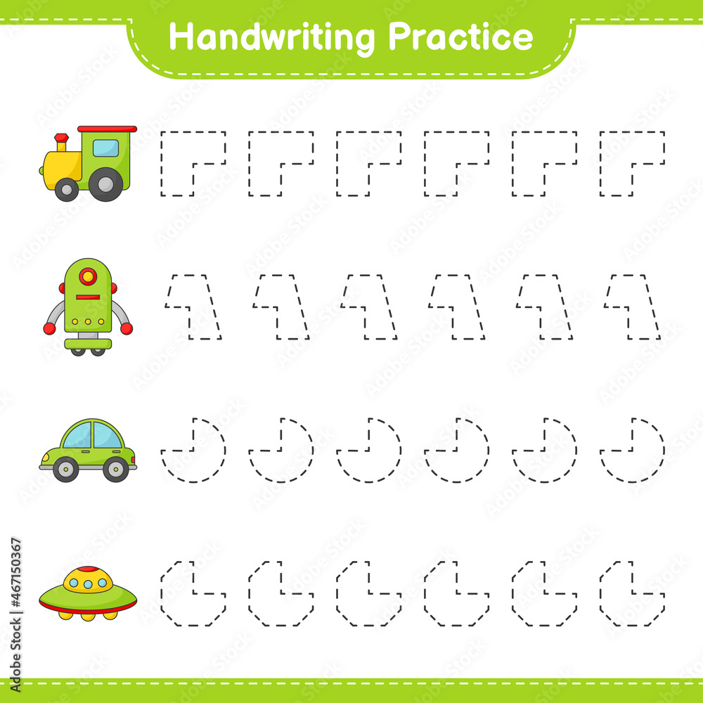 Handwriting practice. Tracing lines of Train, Robot Character, Car, and Ufo. Educational children game Handwriting practice. Tracing lines of Train, Robot Character, Car, and Ufo. Educational children game