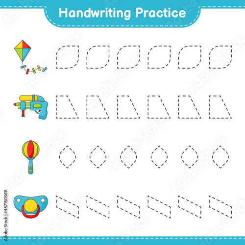Handwriting practice. Tracing lines of Kite, Water Gun, Baby Rattle, and Pacifier. Educational children game