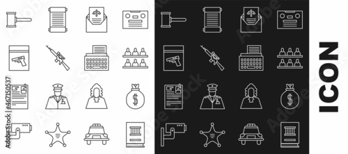 Set line Law book, Money bag, Jurors, Subpoena, Sniper rifle with scope, Evidence and pistol gun, Judge gavel and Retro typewriter icon. Vector