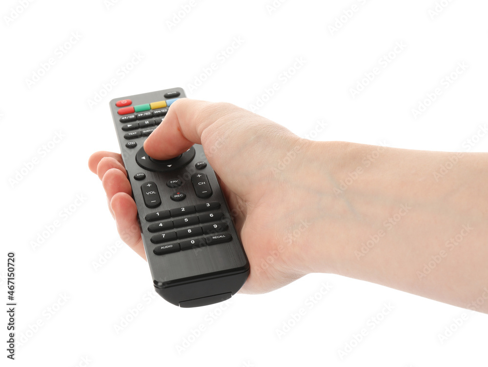 Woman holding remote control on white background, closeup Woman holding remote control on white background, closeup