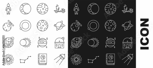 Set line Satellite, Astronomical observatory, Satellites orbiting the planet Earth, dish, Astronaut and Moon icon. Vector