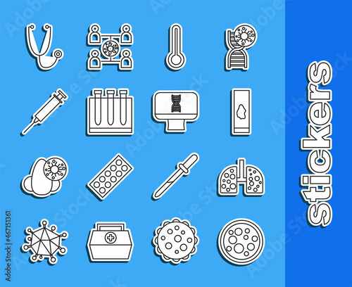 Set line Virus, cells in lung, Blood test and virus, Medical thermometer, Syringe, Stethoscope and DNA spiral computer icon. Vector