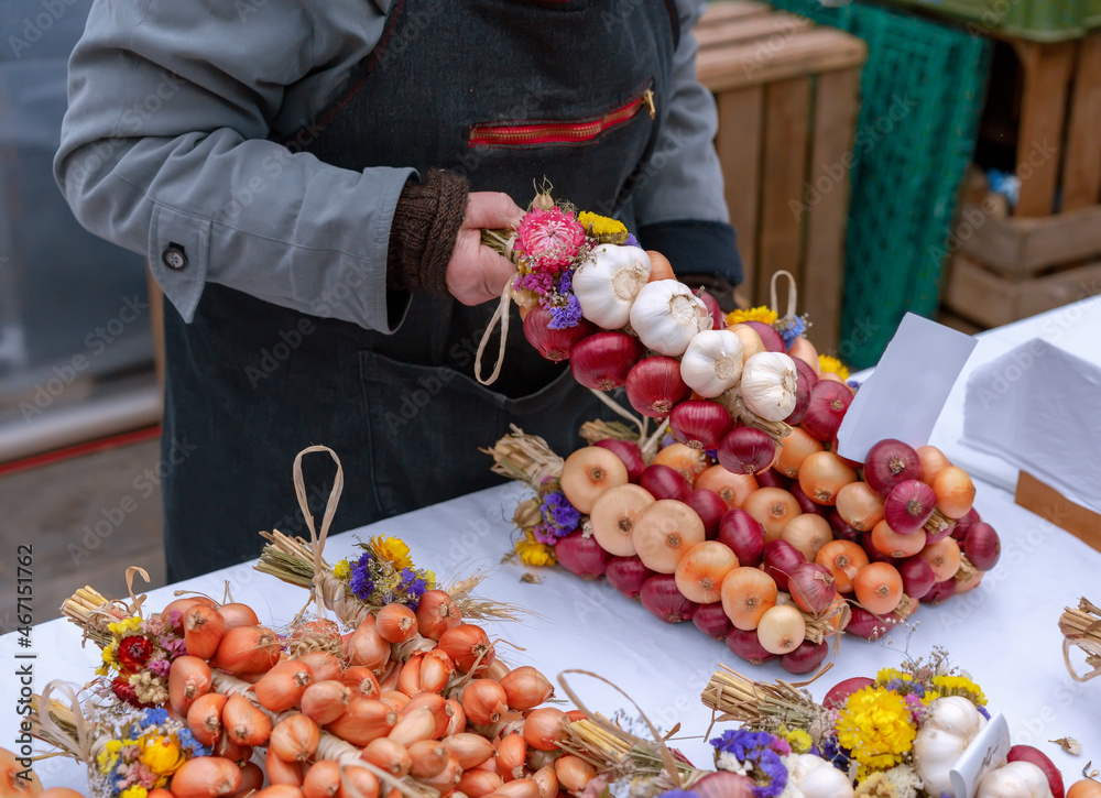 Onion Day Festival in Bern, Switzerland. Onion trade in the market.