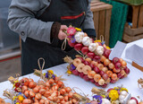 Onion Day Festival in Bern, Switzerland. Onion trade in the market.