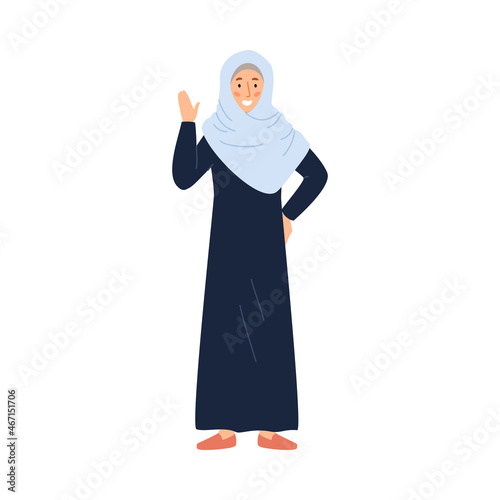 Muslim Arab woman wearing hijab and abaya stand front view and wave hand at you.