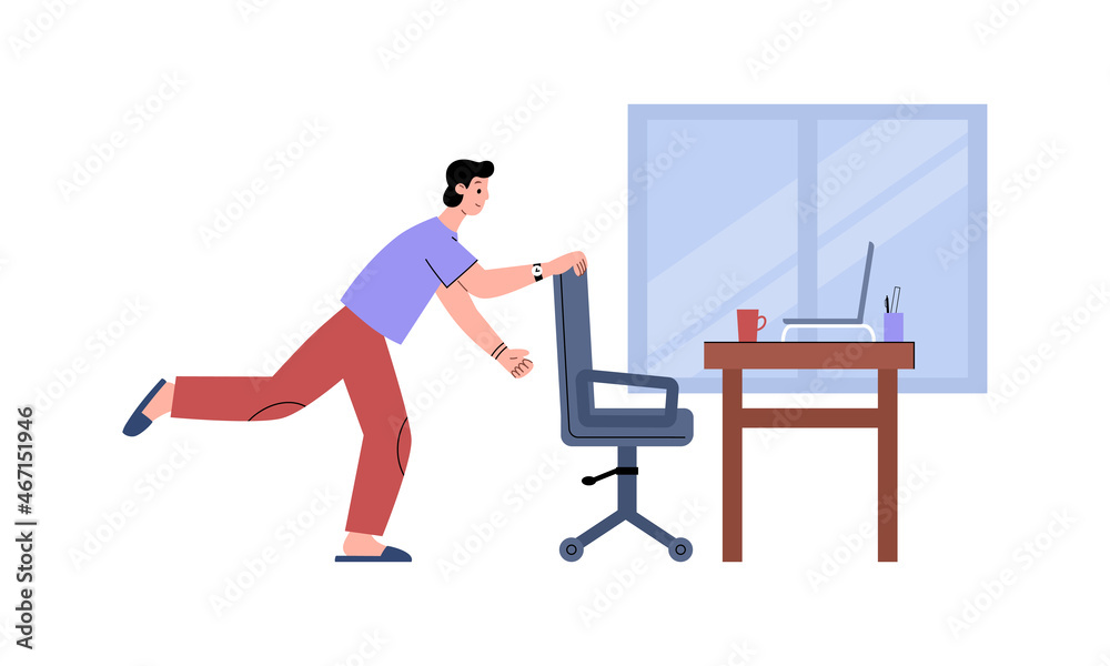 Man stretches during the sport break at the home office, flat vector illustration isolated on white background.