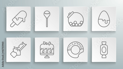 Set line Bitten chocolate bar, Lollipop, Cake on plate, Donut, Candy, Glass jar with candies inside, Chocolate egg and Ice cream icon. Vector