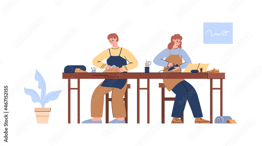 Cobbler man and woman manufacture shoe at footwear factory, flat vector illustration isolated on white background.