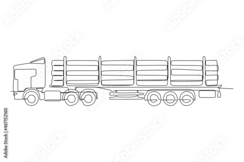 A loaded logging truck  for the forestry site ready to transport logs to the sawmill or for export Continuous one line drawing vector illustration