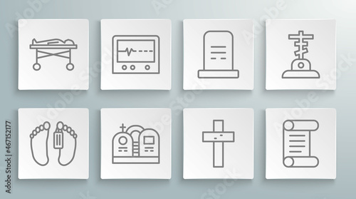 Set line Dead body, Beat dead in monitor, Grave with tombstone, Christian cross, Decree, parchment, scroll, and the morgue icon. Vector