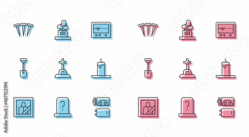 Set line Mourning photo frame, Grave with tombstone, Metallic nails, Crematorium, cross, Burning candle, Shovel and icon. Vector