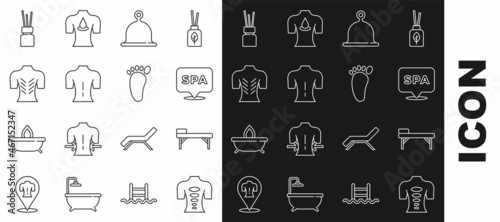 Set line Massage stone therapy, table, Spa salon, Sauna hat, Aroma diffuser and Foot massage icon. Vector
