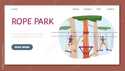 Outdoor adventure rope park with trail in trees in flat vector illustration