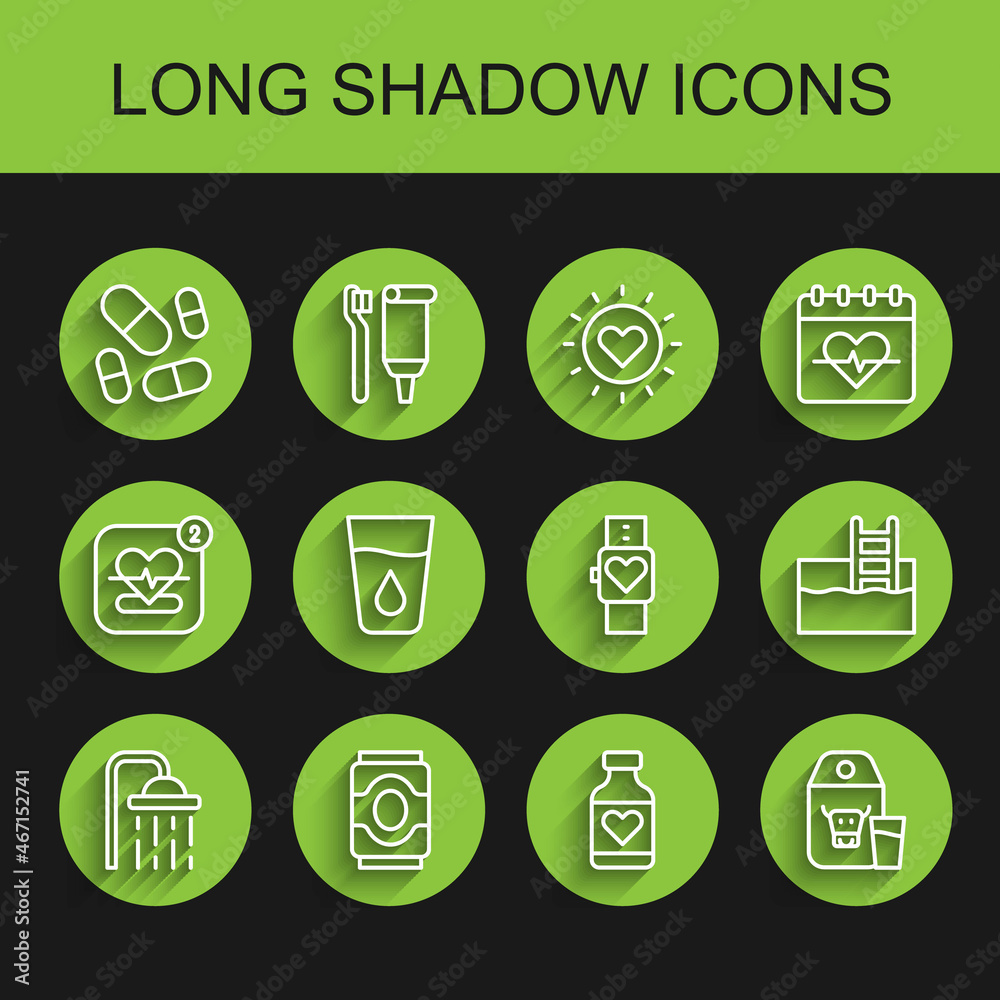 Set line Shower head, Soda can, Vitamin pill, Paper package for milk, Glass with water, Swimming pool ladder and Smart watch icon. Vector Set line Shower head, Soda can, Vitamin pill, Paper package for milk, Glass with water, Swimming pool ladder and Smart watch icon. Vector