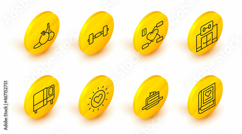 Set line Medical book, Cake, Sun, Bed, Gym building, Attention to health heart, Dumbbell and Fruit icon. Vector