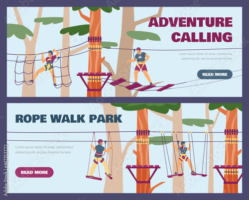 Outdoor adventure rope park trail in trees in flat vector illustration