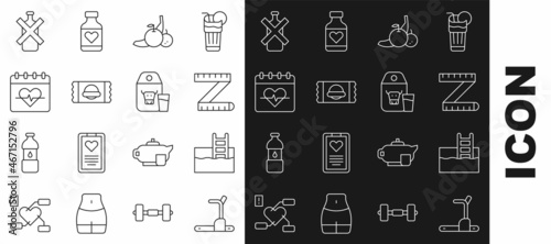 Set line Treadmill machine, Swimming pool with ladder, Tape measure, Fruit, Sports nutrition, Heart rate, No alcohol and Paper package for milk icon. Vector