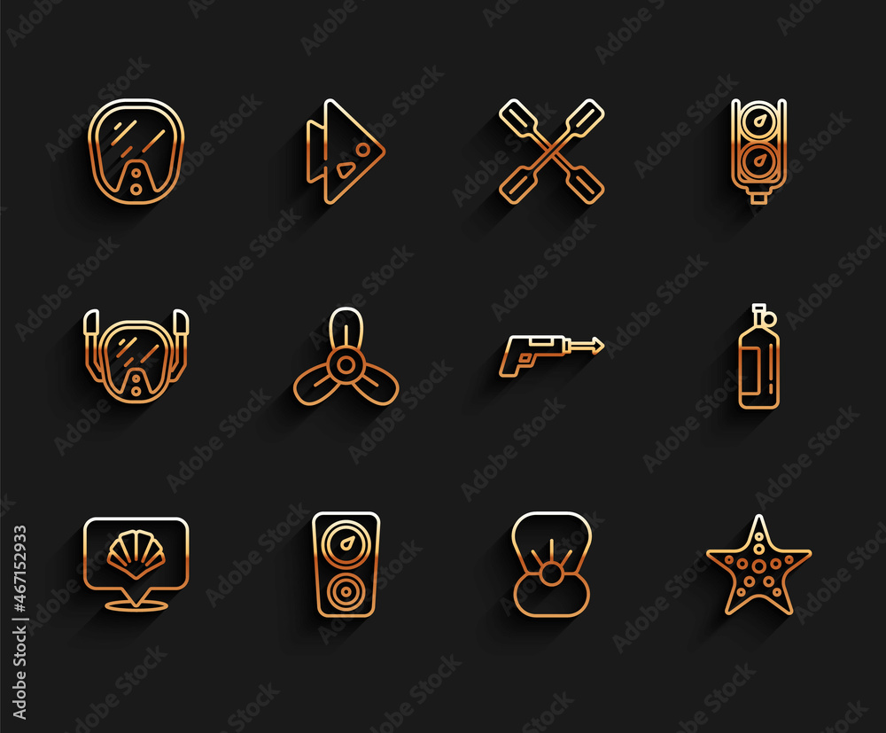 Set line Scallop sea shell, Gauge scale, Diving mask, Shell with pearl, Starfish, Boat propeller, turbine, Aqualung and Fishing harpoon icon. Vector Set line Scallop sea shell, Gauge scale, Diving mask, Shell with pearl, Starfish, Boat propeller, turbine, Aqualung and Fishing harpoon icon. Vector
