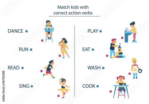 English actions. Exercise for memorizing verbs, connect kids and correct verbs. Vector flat illustration of characters.