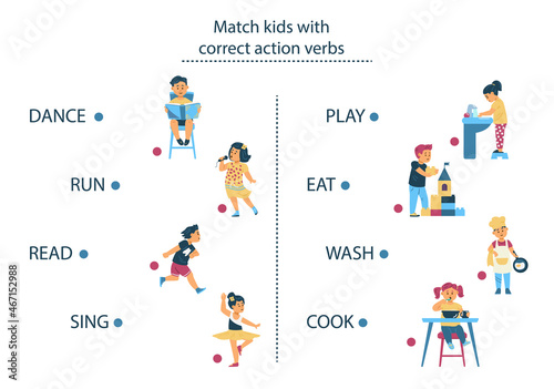 English actions. Exercise for memorizing verbs, connect kids and correct verbs. Vector flat illustration of characters. photo