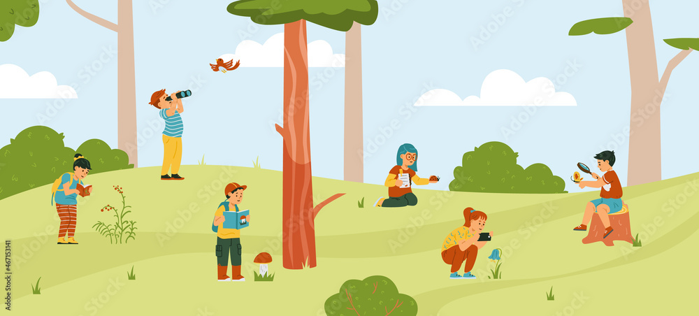 Cartoon kids exploring nature in spring garden in flat vector illustration