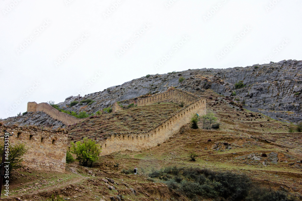 Gunibsky fortress. Protective wall and gates of Gunib. Russia, Republic of Dagestan.
