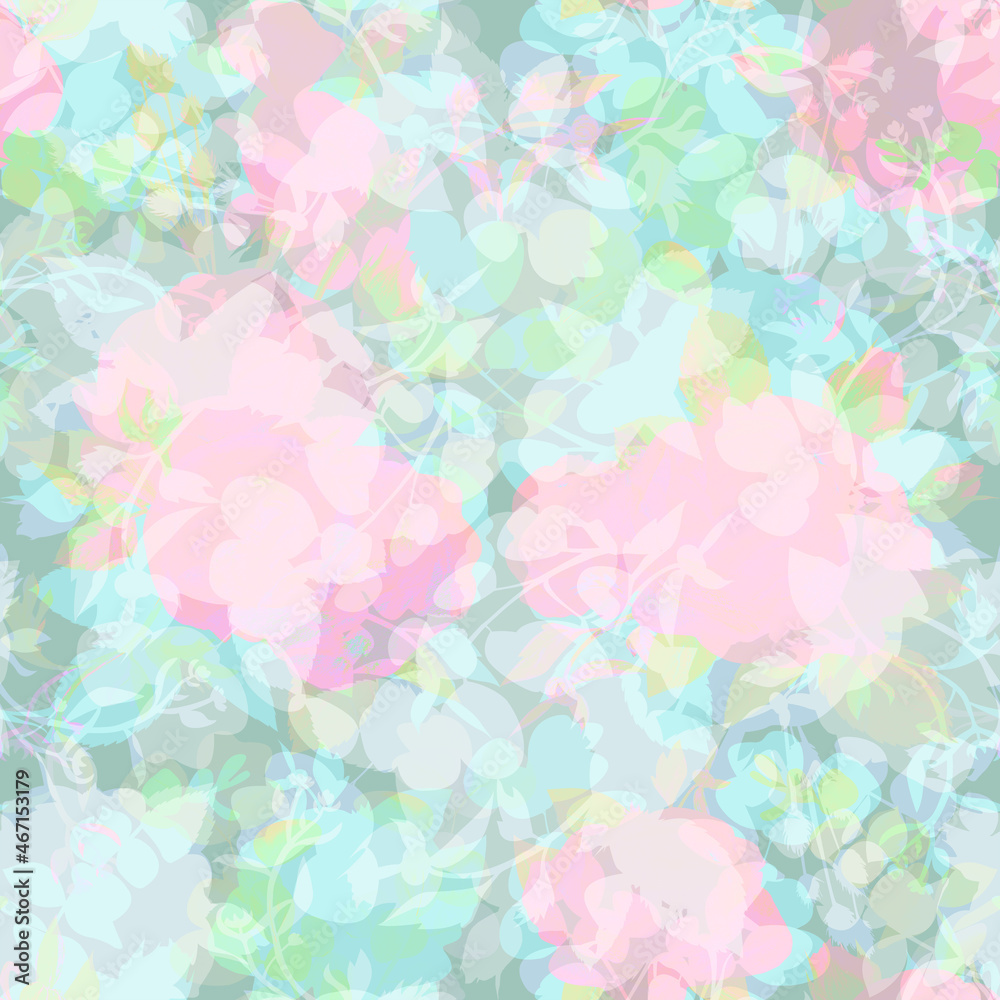 Trendy abstract floral background. Colored abstract flowers and garden silhouettes of pink flowers. Layered summer botanical ornament for fashion textiles and surface designs