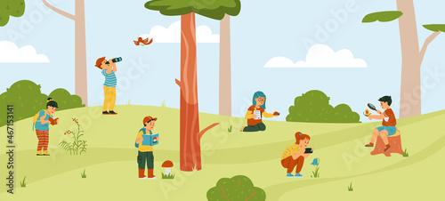 Fototapeta Naklejka Na Ścianę i Meble -  Cartoon kids exploring nature in spring garden in flat vector illustration