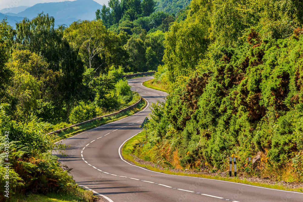 A narrow, winding road in Scotland along Loch Ness. Trees and bushes next to the road in summer in sunshine. Traffic signs and crash barriers with lane markings on the roadway