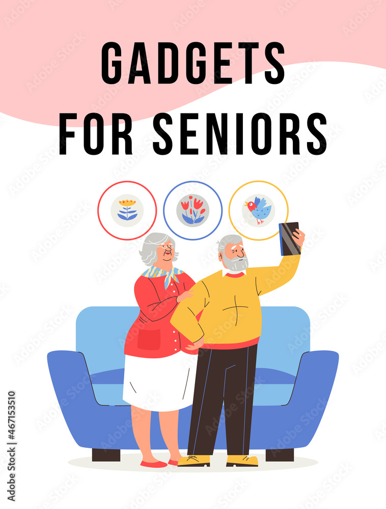 Old couple standing at home with gadget. Elder man using tablet, senior woman standing behind him looking up at phone.