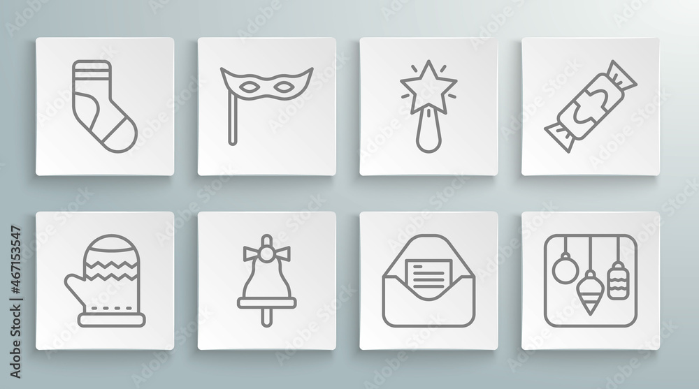 Set line Christmas mitten, Festive mask, Merry ringing bell, party invitation card, lights, star, Candy and stocking icon. Vector Set line Christmas mitten, Festive mask, Merry ringing bell, party invitation card, lights, star, Candy and stocking icon. Vector