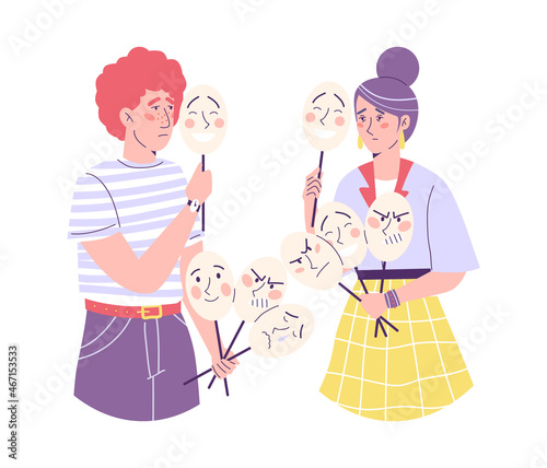 Young tired couple holding different masks, fake emotions and fake role behavior vector concept.