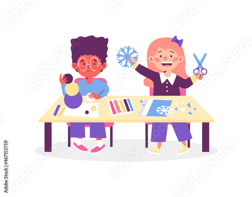 Children at table making paper crafts  flat vector illustration isolated.