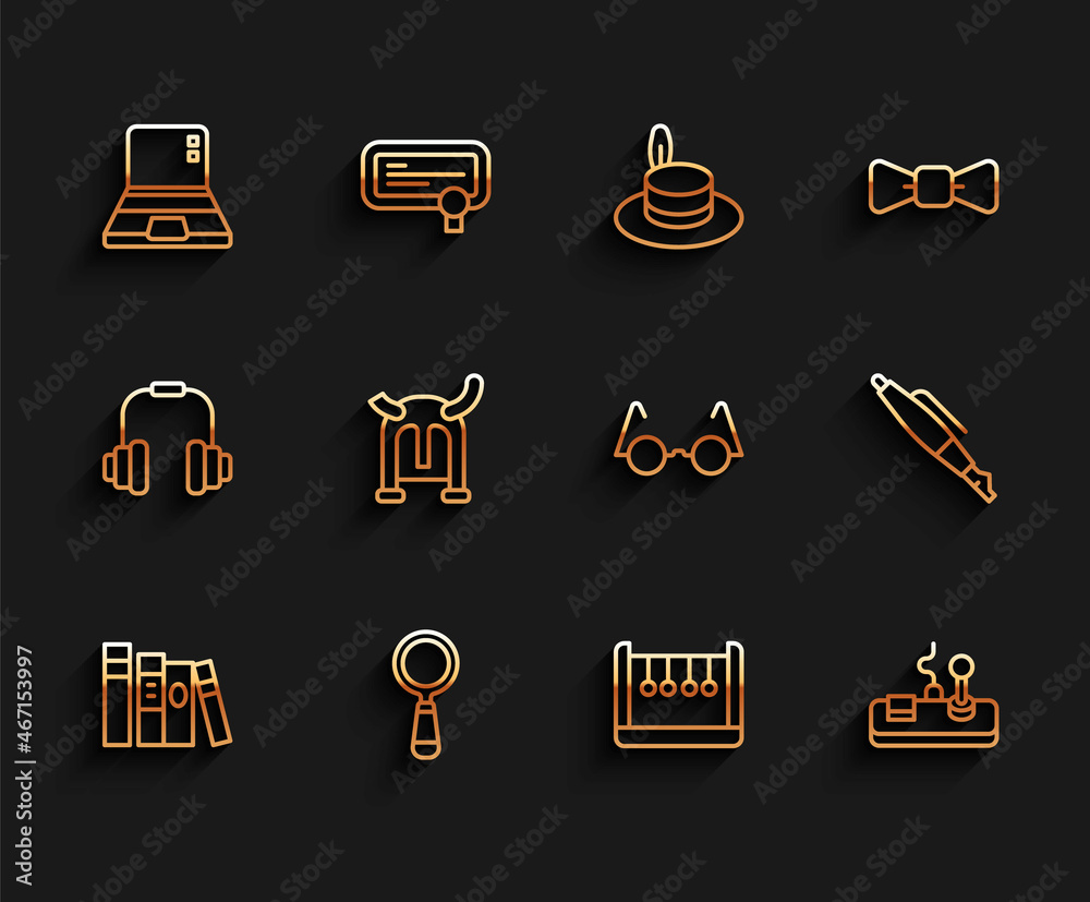 Set line Book, Magnifying glass, Laptop, Pendulum, Gamepad, Viking horned helmet, Fountain pen nib and Eyeglasses icon. Vector Set line Book, Magnifying glass, Laptop, Pendulum, Gamepad, Viking horned helmet, Fountain pen nib and Eyeglasses icon. Vector